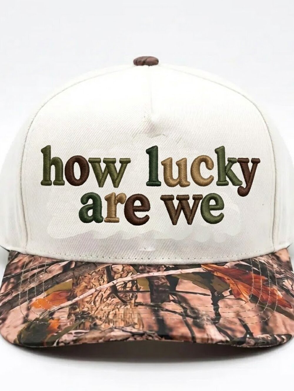 How Lucky Are We Embroidered Trucker Hat – Funny Outdoor Camo Print Baseball Cap